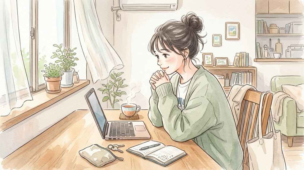 ポムポムプリン イオン 予約の流れをパソコンで確認する女性のイラスト