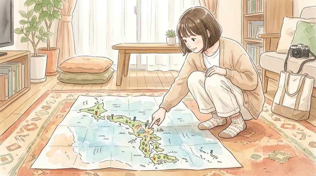 ポムポムプリン 3L 取扱店舗を日本地図で確認する女性のイラスト