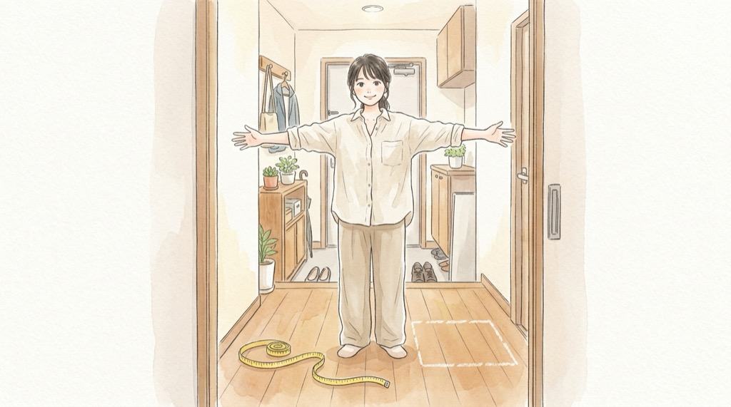 ポムポムプリン 3L サイズを置き場所で確かめる女性のイラスト