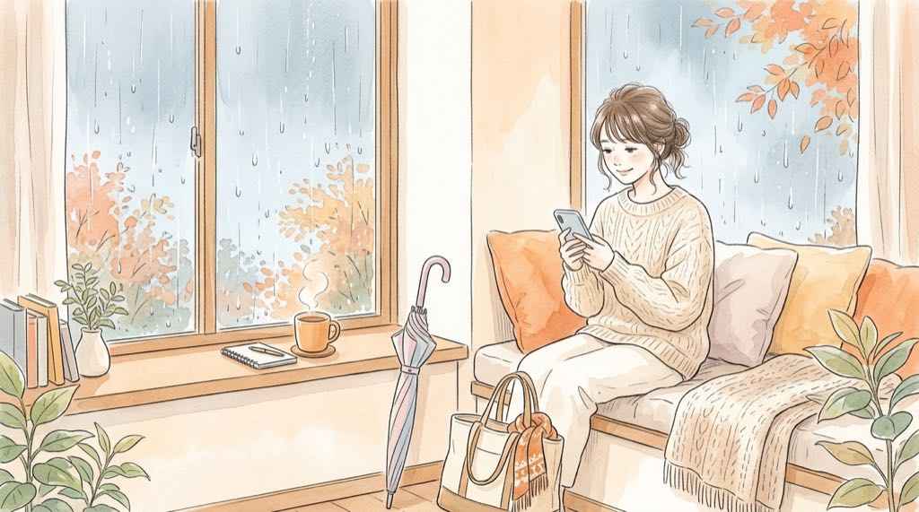 東武池袋 雨天中止に備え雨の日にスマートフォンで公式情報を確認する女性