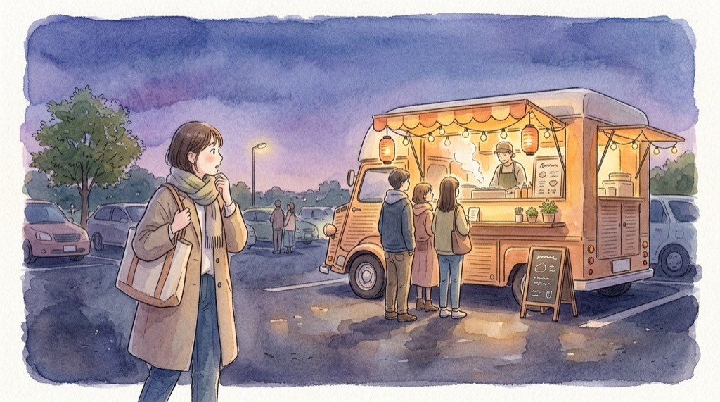 人気キッチンカー 2026の注目店を巡る女性のイラスト