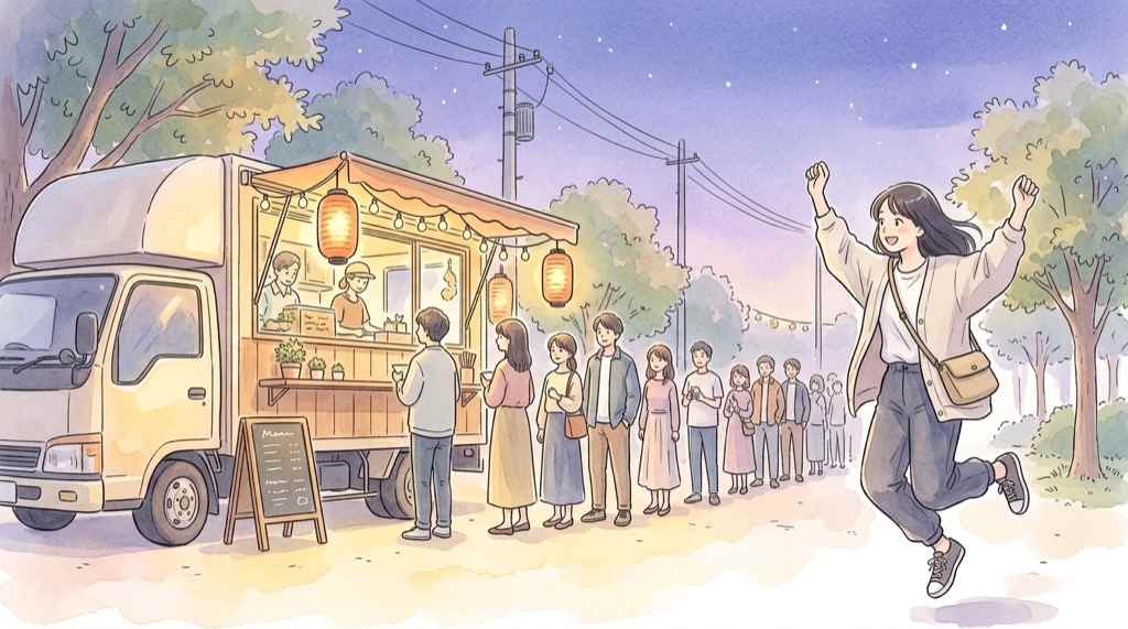 行列ができる話題のキッチンカー5選を紹介するイラスト