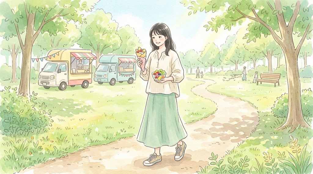 スイーツとご当地グルメの注目キッチンカーを並べたイラスト