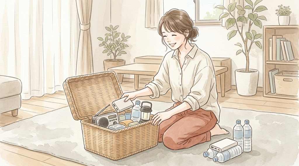 停電に備えてモバイルバッテリーや懐中電灯をそろえた様子