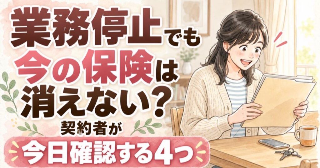 プルデンシャル生命の業務停止で今の保険はどうなる?契約書類を確認する女性