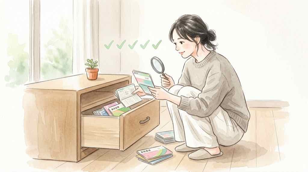 担当者とのお金のやり取りを確認するチェックリストと通帳を見る女性