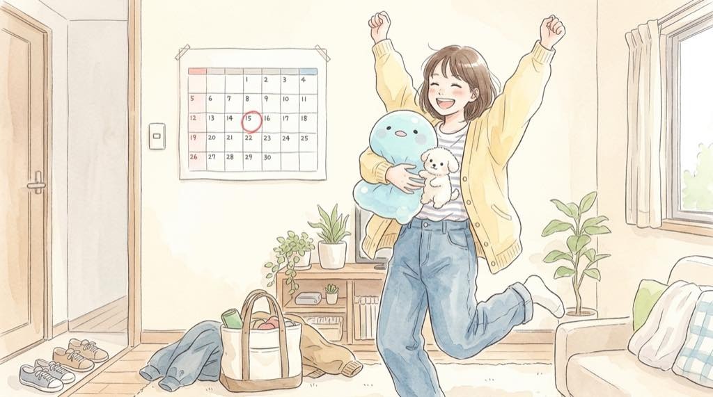 ぷよぷよ はぴだんぶい 通販のグッズを見て笑顔になる女性