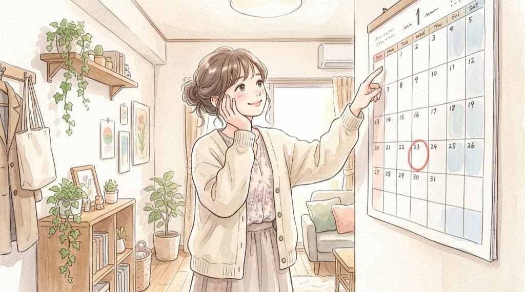 ぷよぷよ はぴだんぶい 通販の受付期間を指さして確認する女性