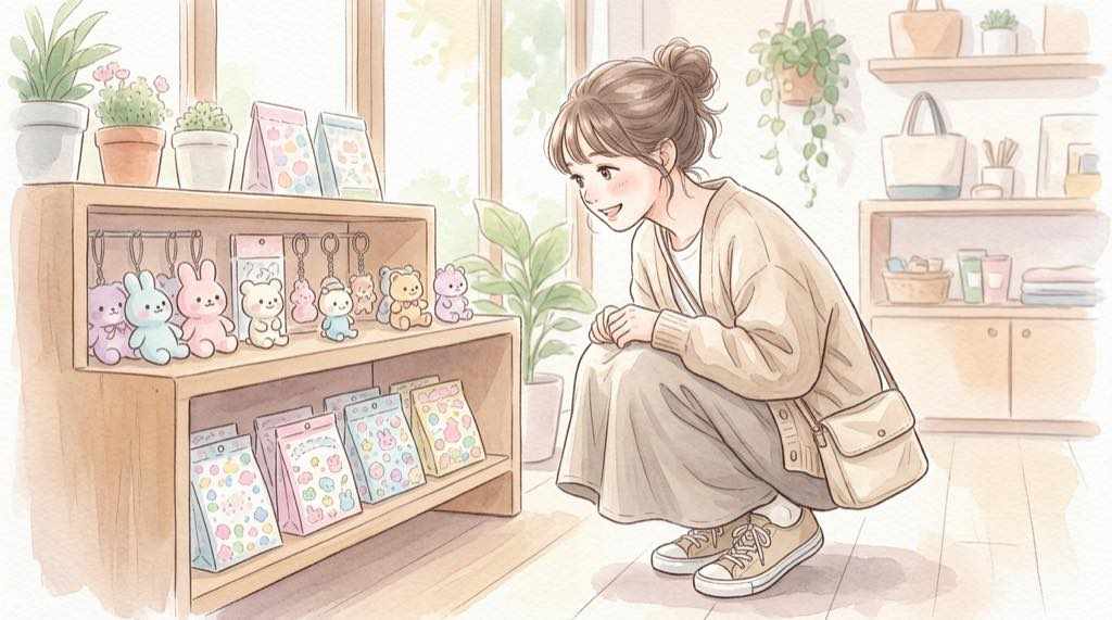 ぷよぷよ はぴだんぶい グッズ全6カテゴリーを並べて眺める女性