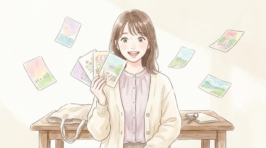 ぷよぷよ はぴだんぶい 3,000円購入特典のポストカードを広げる女性