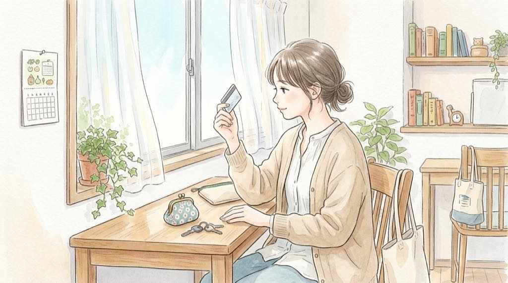 ぷよぷよ はぴだんぶい 通販のカード期限と利用枠を確認する女性