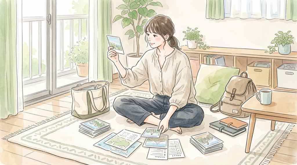 楽天ドライブ 写真や文書が見られた範囲を考える日本人女性のイラスト