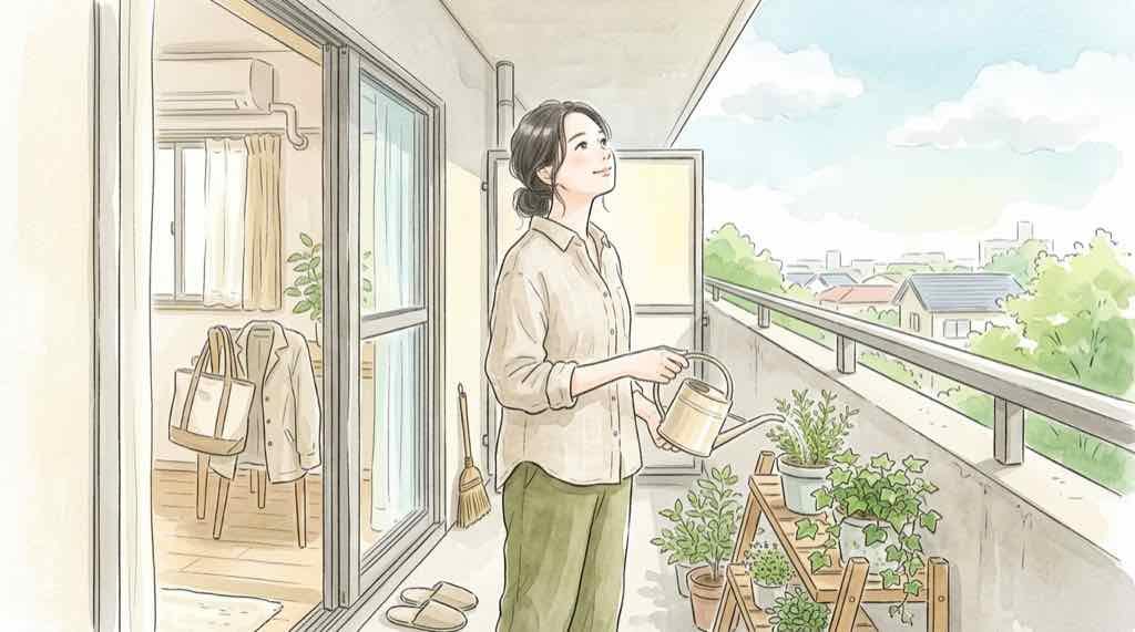 楽天ドライブ 情報漏洩の今後を見守りながら暮らしを整える女性のイラスト