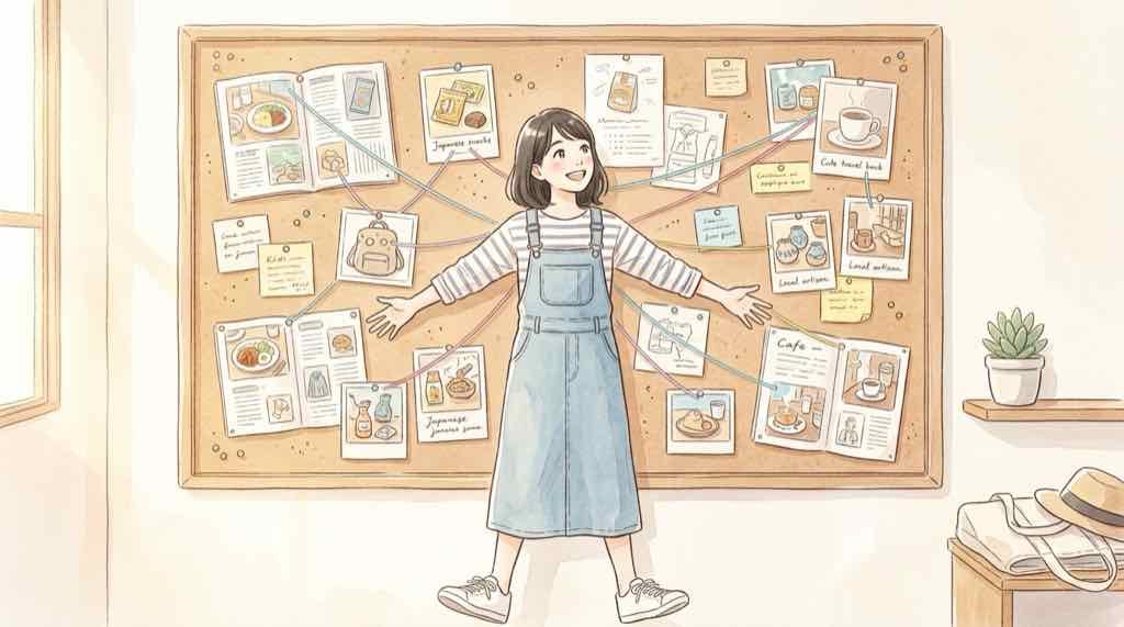 楽天ROOM 商品 探し方|SNSや新商品情報を見ながらメモを取る女性のデスク