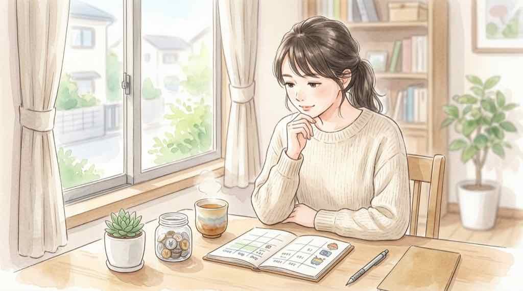 楽天ROOM 収益化の仕組みを確認しながら投稿を見直す女性のイラスト