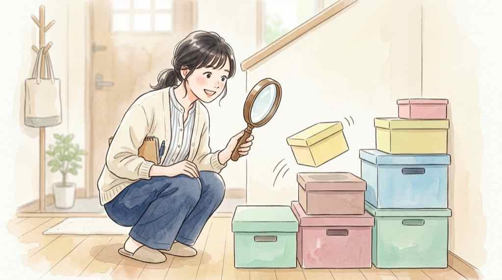 楽天ROOM 商品の探し方を調べながらメモを取る女性のイラスト