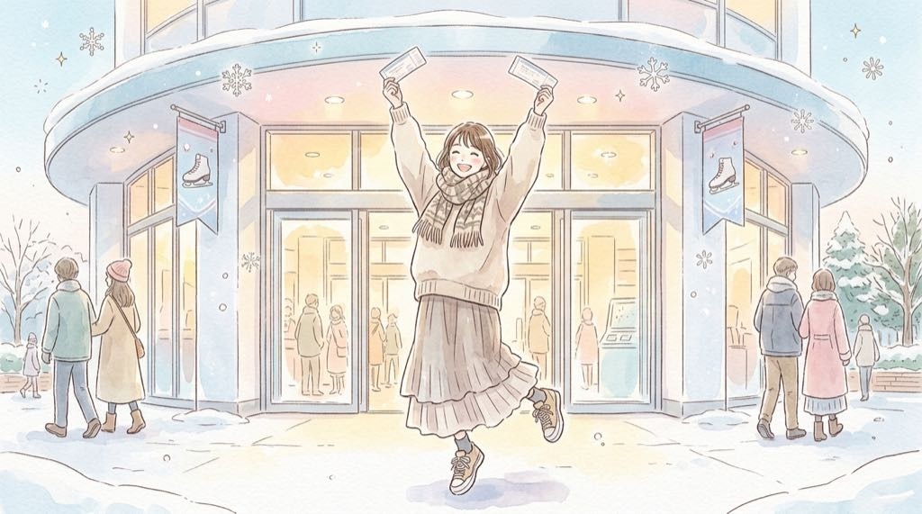 りくりゅうアイスショー2027のチケットを手にしてリンクを見つめる女性の水彩イラスト