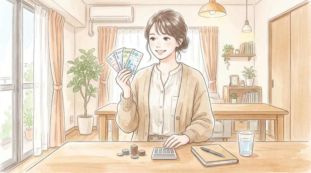 りくりゅうアイスショーのチケット料金を比べる、チケットと電卓を並べた水彩イラスト