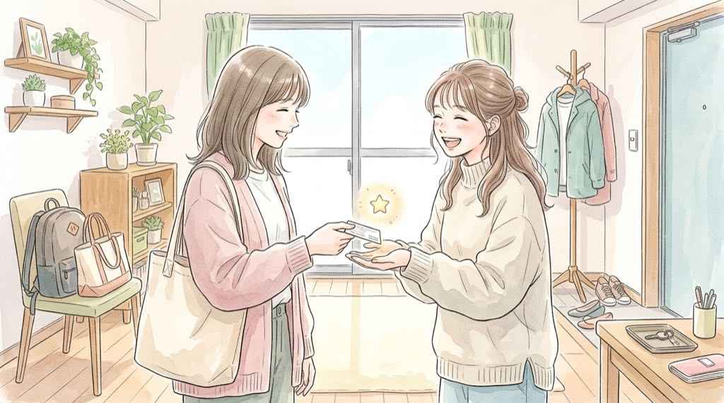 りくりゅうアイスショーの電子チケットを同行者へ分配する様子の水彩イラスト