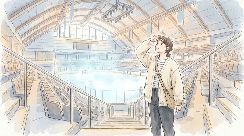 りくりゅうアイスショーの座席と遠征ルートを考える、スタンド席のある会場の水彩イラスト