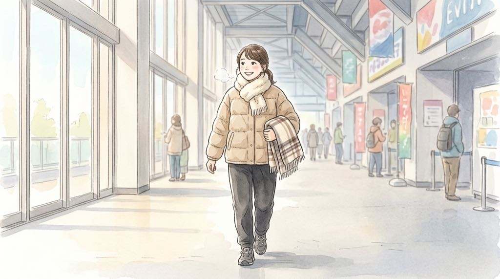 りくりゅうアイスショーに防寒して出かける、ひざ掛けと羽織りものの水彩イラスト