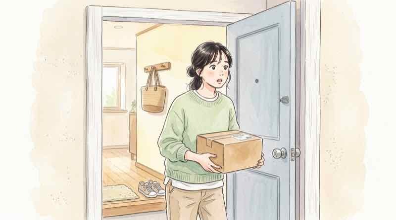 佐川急便 情報漏洩で自分は対象か不安な女性が荷物を前に足を止めた水彩イラスト