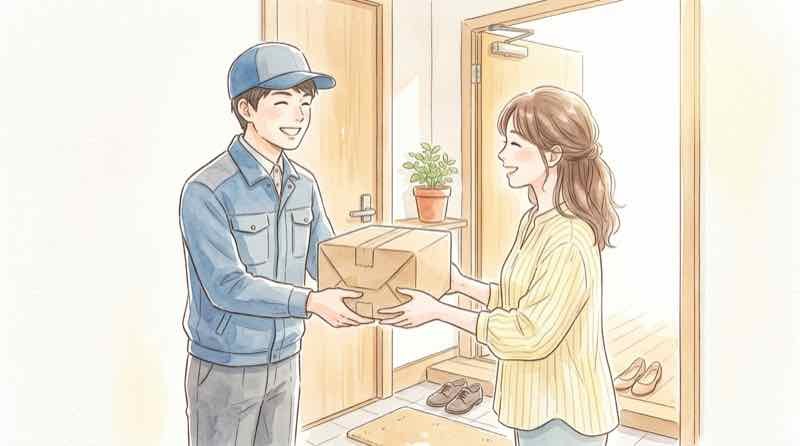 佐川急便 追跡できないときでも荷物は届くと分かる玄関前の水彩イラスト