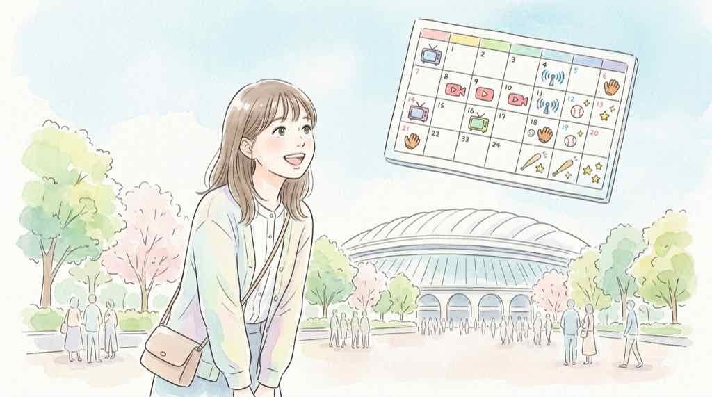 侍ジャパン2026 テレビ放送を確認する女性と東京ドームのイラスト