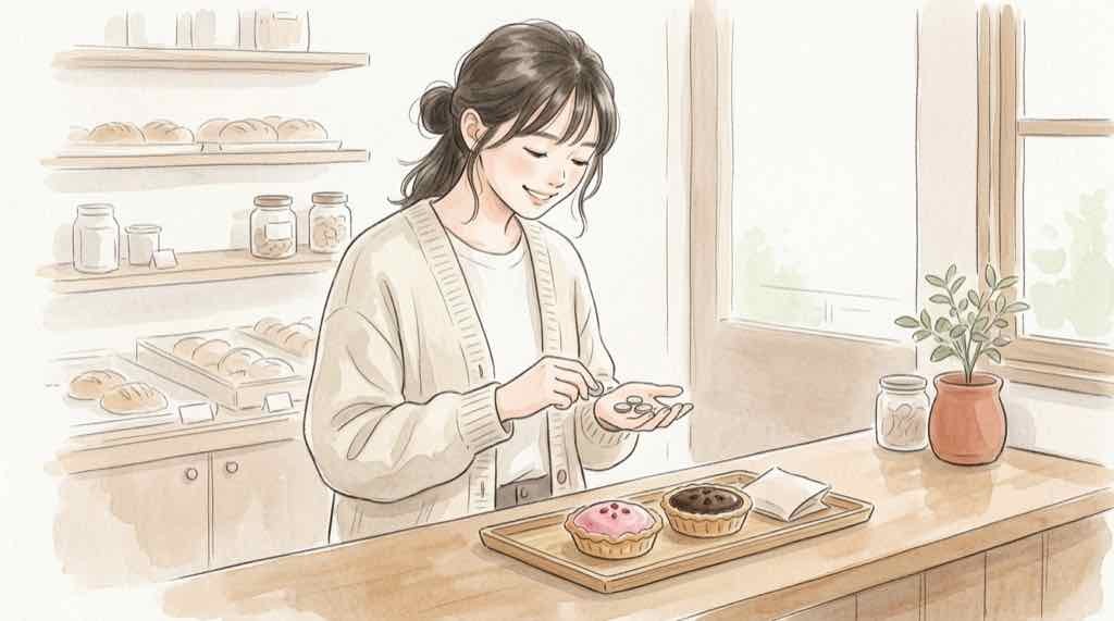 三角チョコパイ2026の値段を確認しながら財布を手にするカウンター前のイメージ