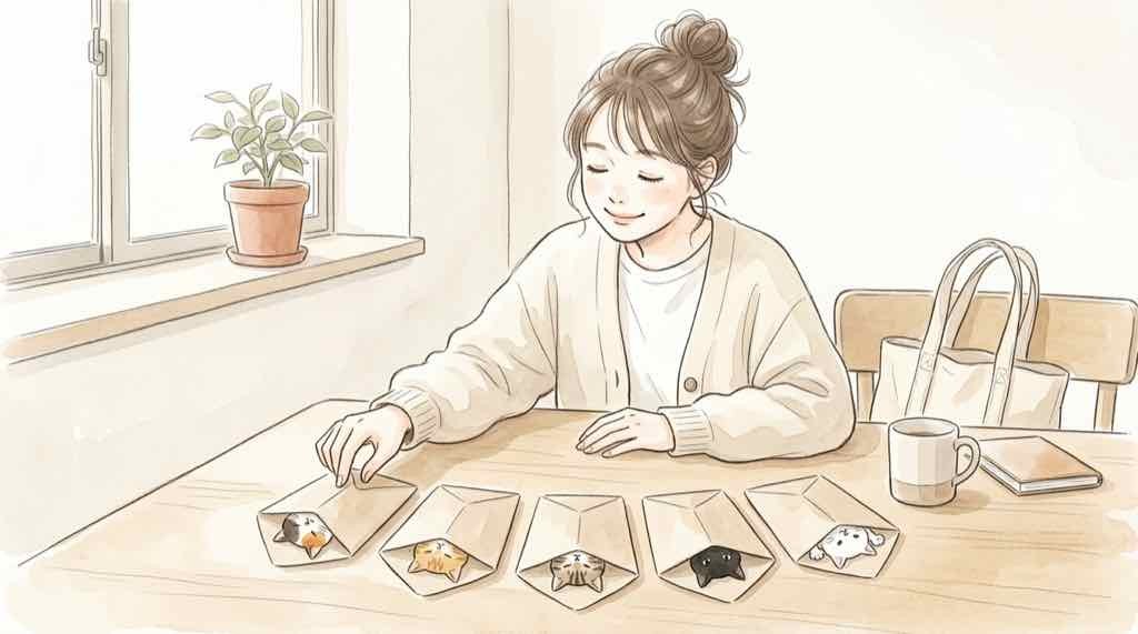 三角チョコパイ2026の猫パッケージ全5種類を並べて眺めるイメージ