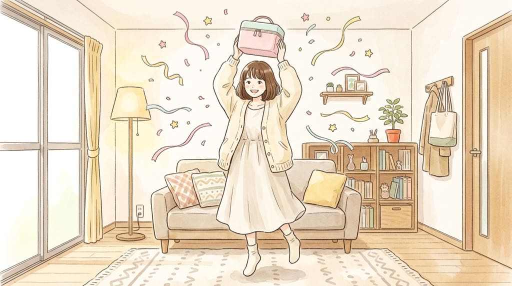 サンリオ当りくじ ラスト賞のバニティケースを見つめる女性のイメージ