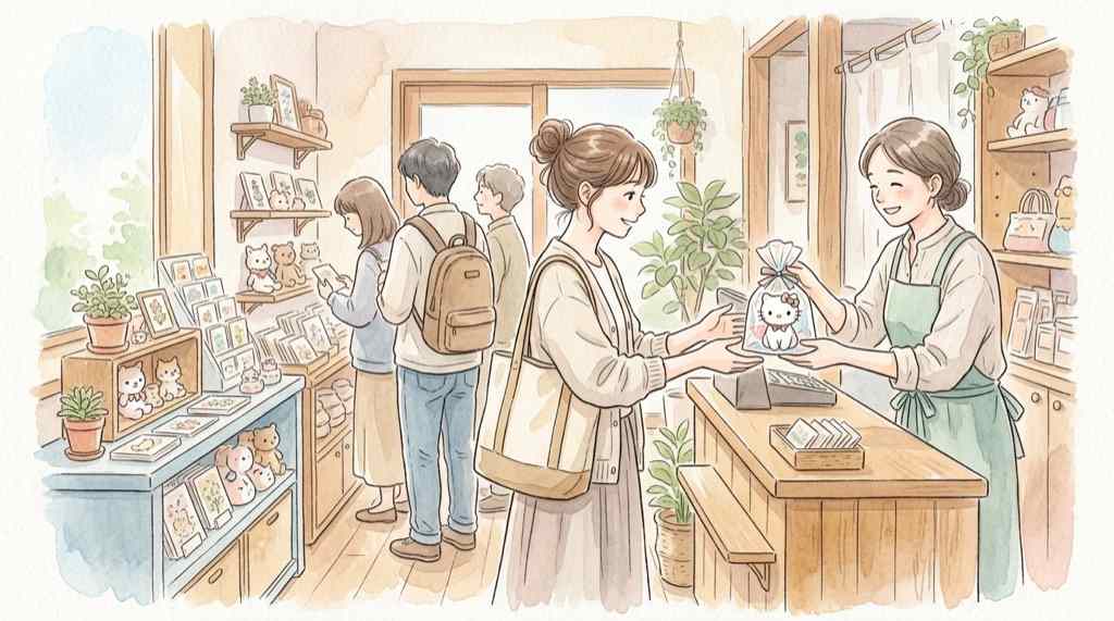 Sanrio closet collectionの初日カウンター販売でハローキティを受け取る様子