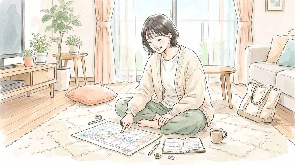 サンリオ ハローステージ大阪の整理券と予約を確認する女性のイラスト