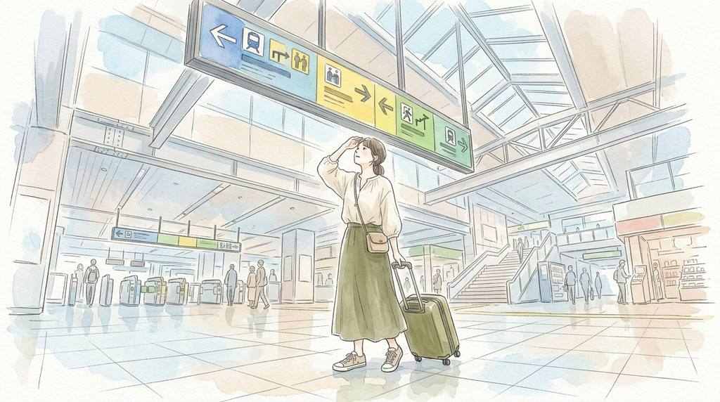 サンリオ ハローステージへの行き方を大阪駅で探す女性のイラスト