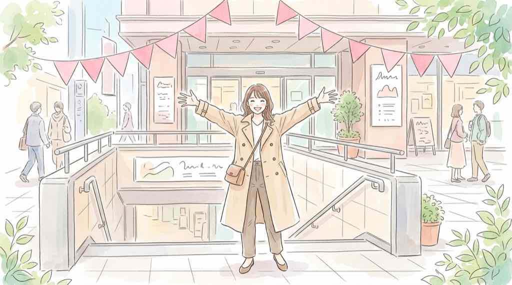 サンリオハウス名古屋PARCO店のオープンを楽しみにする女性のイラスト
