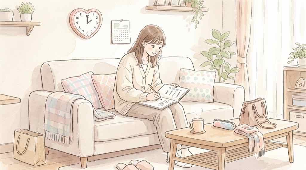 サンリオハウス名古屋の来店予約をスマホで準備する女性のイラスト