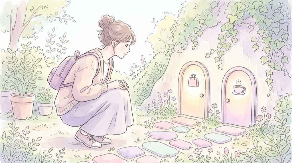 サンリオハウス名古屋のカフェ予約と入場の流れを考える女性のイラスト