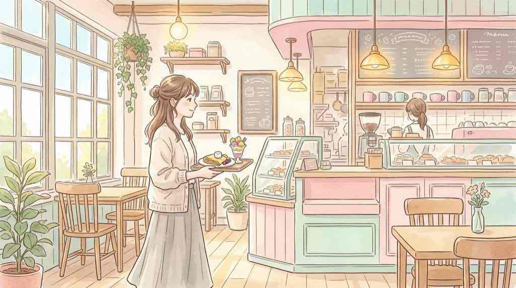 サンリオハウス名古屋PARCO店のカフェブースで楽しむクレープのイラスト