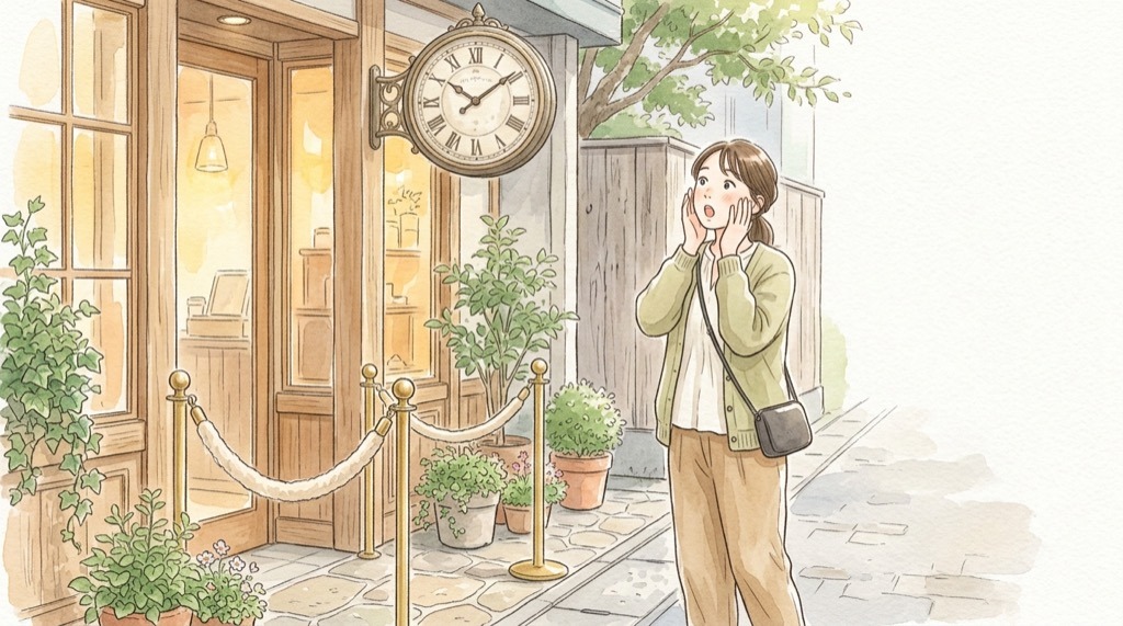 サンリオお出かけもこもこ東京駅の予約なし入場を確認する女性のイラスト