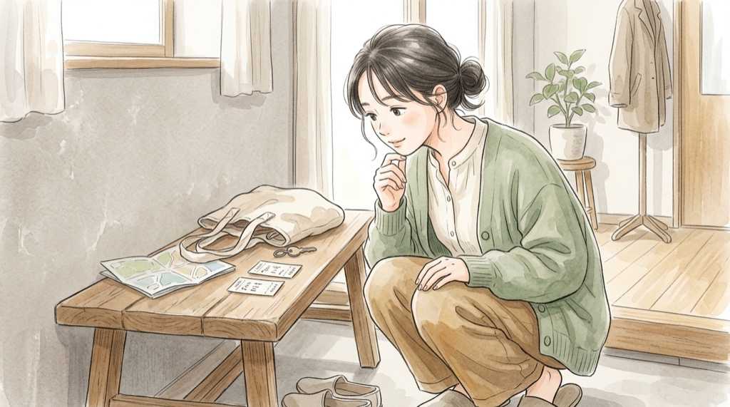 お出かけもこもこの整理券と入店予約の違いを確認する女性のイラスト