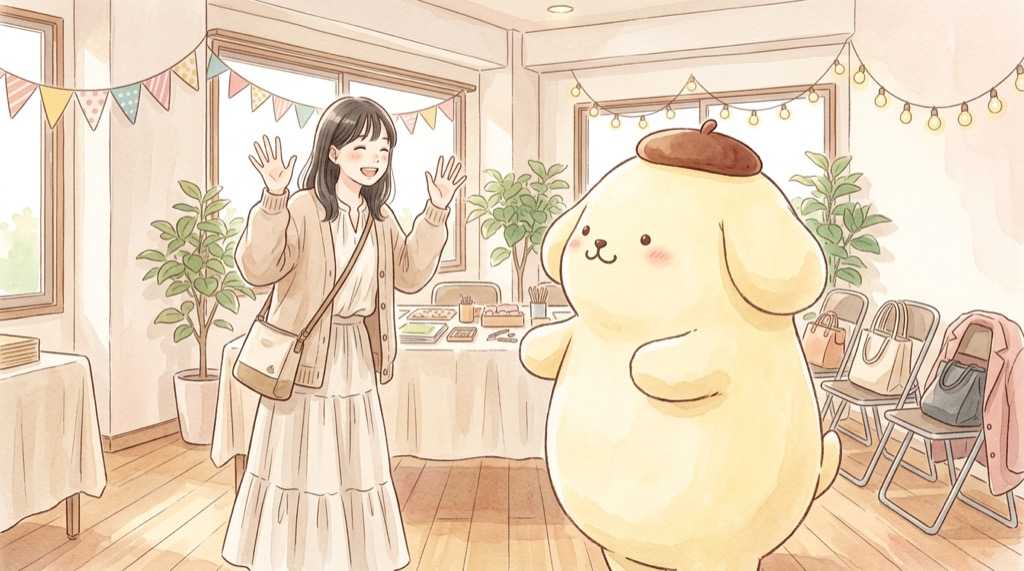 ポムポムプリンのグリーティングは当日参加できない?プリンと2ショットのイラスト
