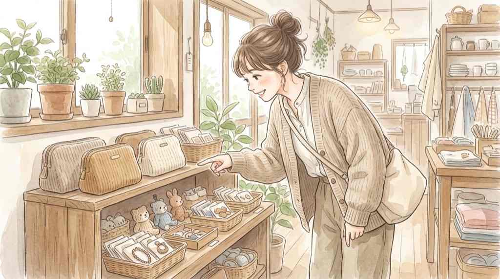 お出かけもこもこスタイルのグッズ一覧と値段を見比べる女性のイラスト