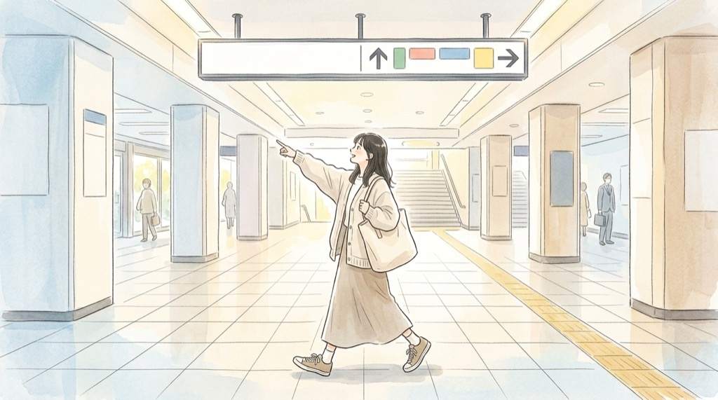 東京駅いちばんプラザへの行き方を地図で確認する女性のイラスト