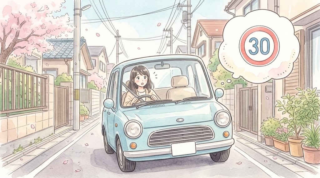 生活道路 30kmのルールを確認する住宅街のイラスト
