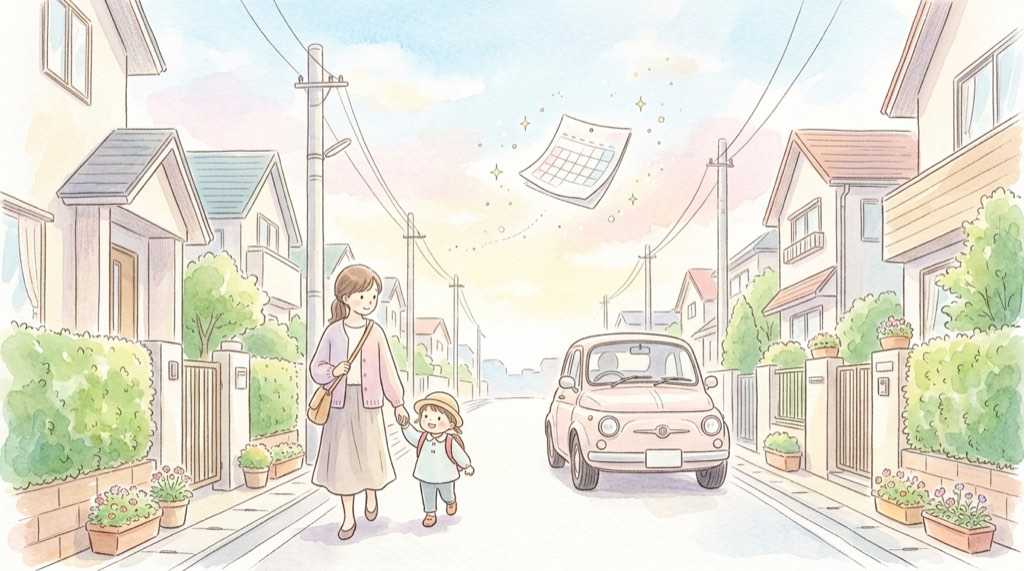 生活道路が30km/hになった住宅街の細い道を歩く親子と車の様子