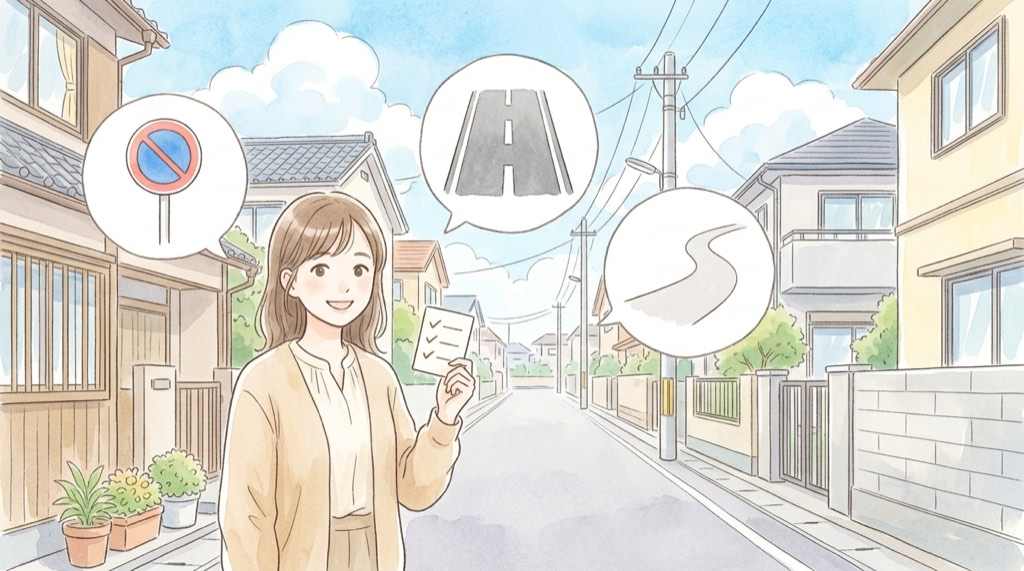 生活道路 30km/hの対象かどうかを中央線と標識で見分けるイメージ