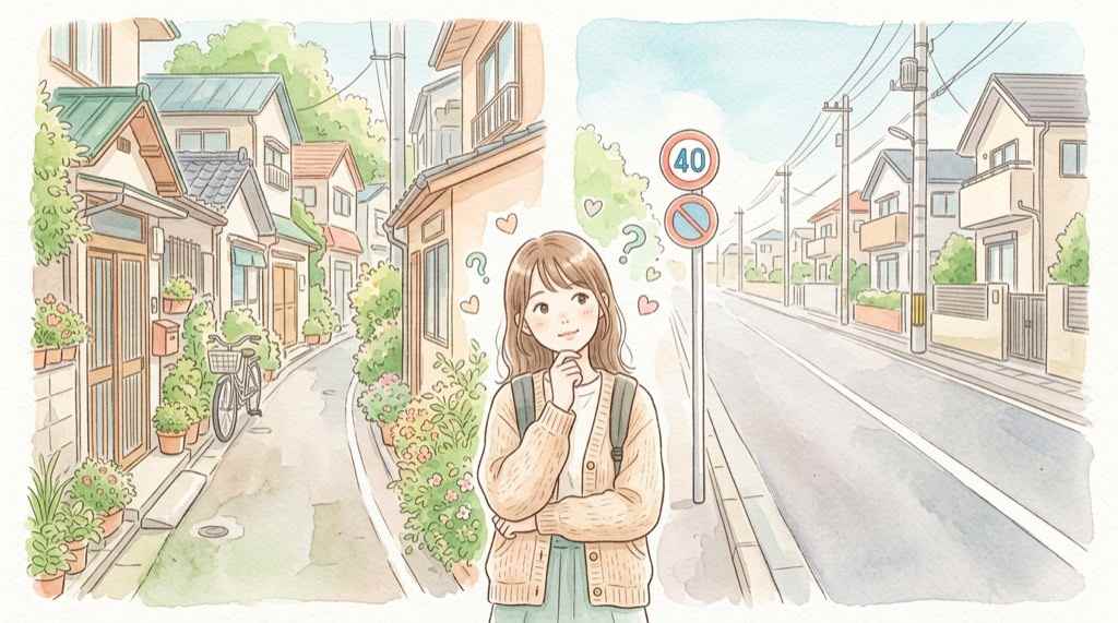 住宅街でも30km/hと60km/hの道があることを見比べる生活道路 30kmのイラスト