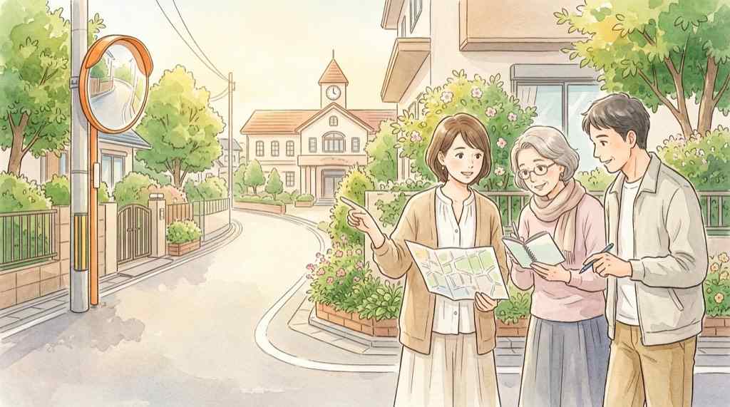 生活道路 30kmの安全対策を警察と市役所に相談する住民のイラスト
