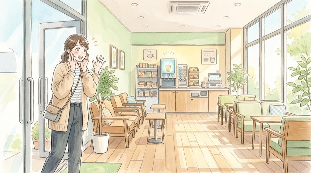 セルフカフェの使い方を紹介する、ドリンクを手に席につく女性のイメージ