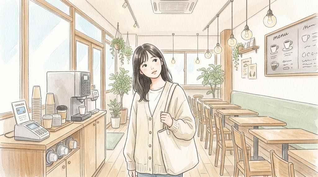 セルフカフェの使い方を知りたい人向けに、無人カフェの入口とドリンク機が並ぶ様子